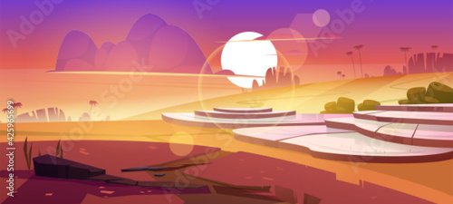 Asian rice field terraces in mountains sunset landscape. Paddy plantation, cascades farm in mount rocks with sun go down in beautiful orange cloudy sky, scenery dusk view, Cartoon vector illustration