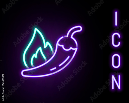 Glowing neon line Hot chili pepper pod icon isolated on black background. Design for grocery, culinary products, seasoning and spice package, cooking book. Colorful outline concept. Vector