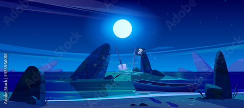 Night landscape of sea beach, boat and island in water with pirate flag and shovel. Vector cartoon illustration of ocean shore with wooden ship, black flag with skull, stones and moon in sky