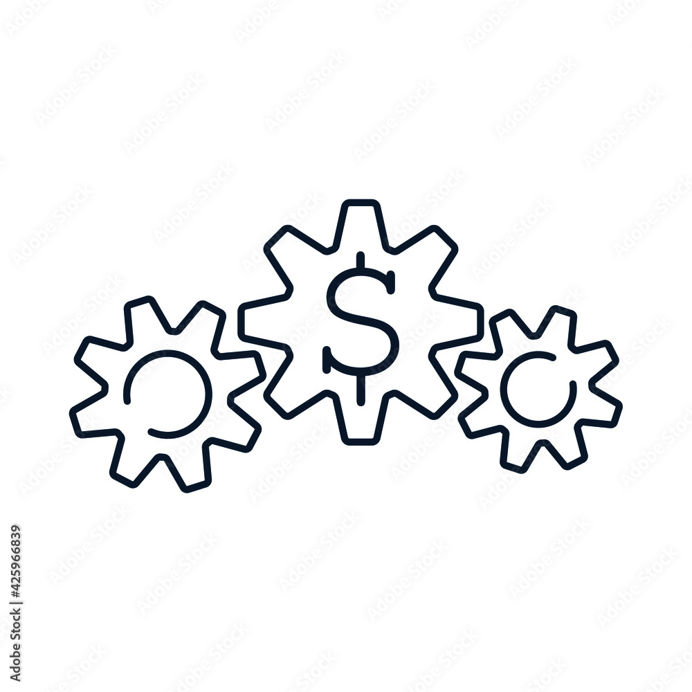 Gears, dollar. The concept of money management, investments, financial circulation, activities, income from funds. Vector icon isolated on white background.