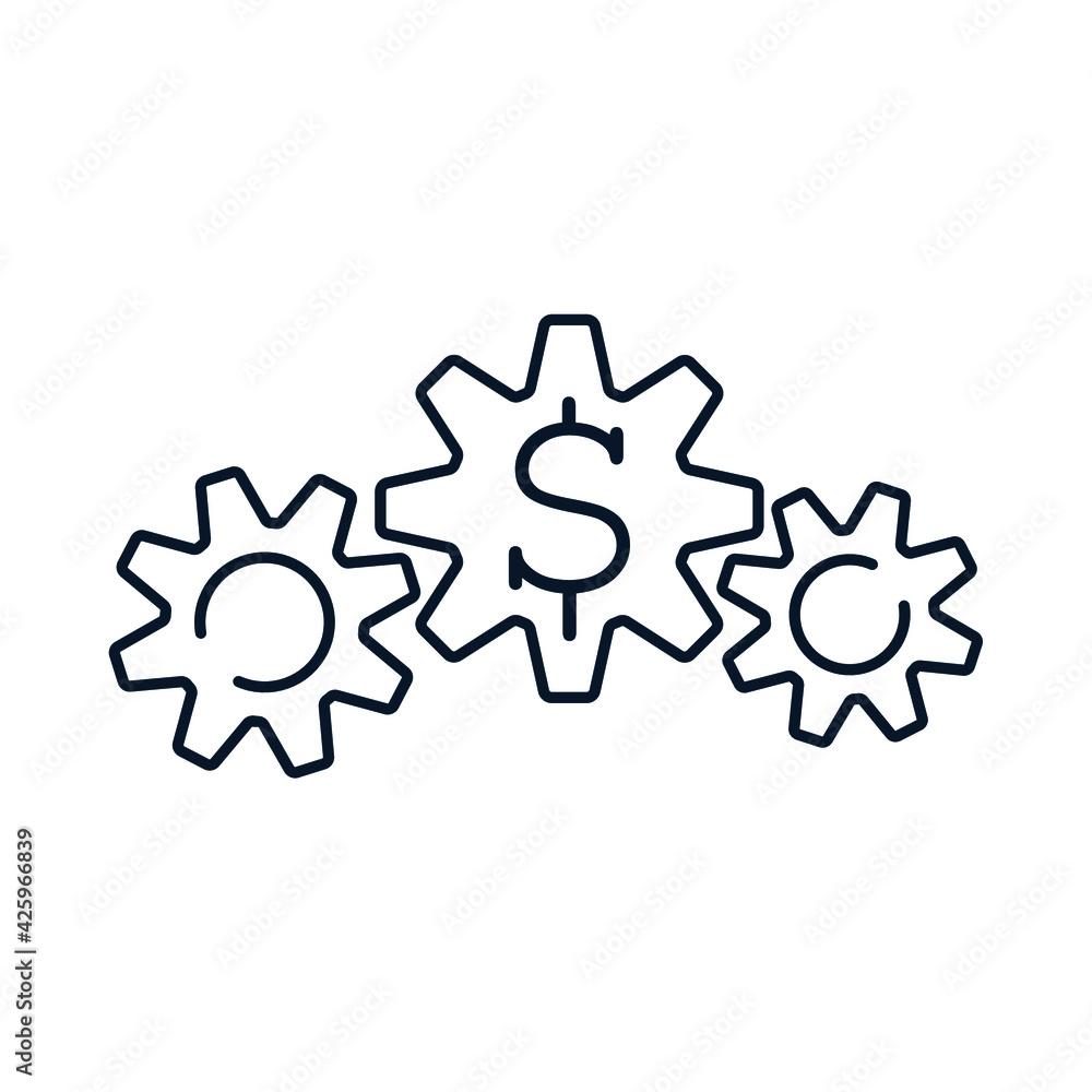 Gears, dollar. The concept of money management, investments, financial circulation, activities, income from funds. Vector icon isolated on white background. Gears, dollar. The concept of money management, investments, financial circulation, activities, income from funds. Vector icon isolated on white background.