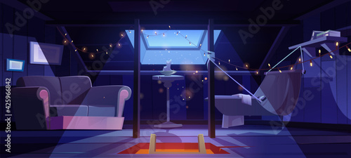 Cozy room on attic with hammock and sofa at night. Vector cartoon interior of mansard for relax and recreation, garret lounge with book shelf, garland and candles in moonlight from window in roof