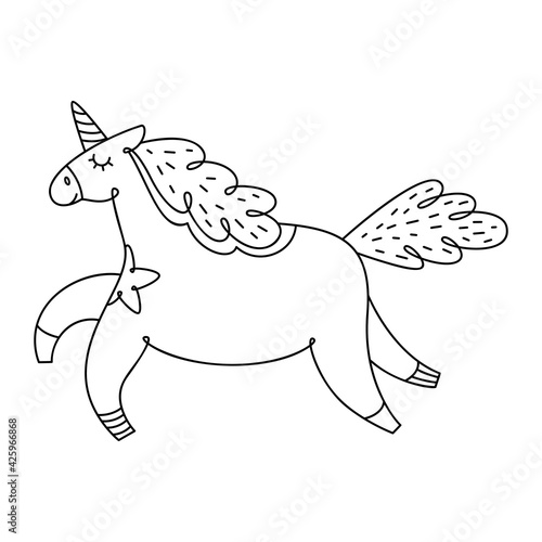 Unicorn cute black line art illustration isolated on white. Baby shower decor clipart. Vector