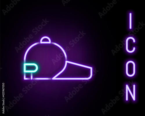 Glowing neon line Baseball cap icon isolated on black background. Sport equipment. Sports uniform. Colorful outline concept. Vector