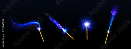 Magic wands with blue star and glowing sparkle trails, gold colored rods with shiny fairy dust and neon light effect trace, isolated objects on black background, Realistic 3d vector illustration, set