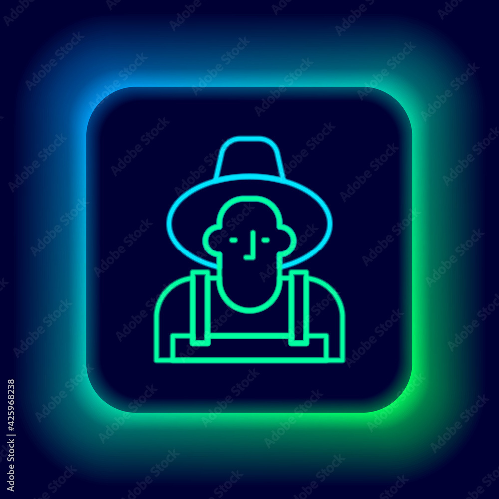 Glowing neon line Farmer in the hat icon isolated on black background. Colorful outline concept. Vector Glowing neon line Farmer in the hat icon isolated on black background. Colorful outline concept. Vector