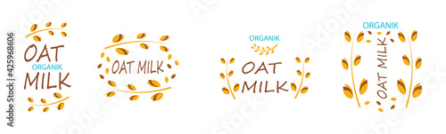 Oat Milk vector logo. Spikes and grains of oats. Vector stock illustration and lettering