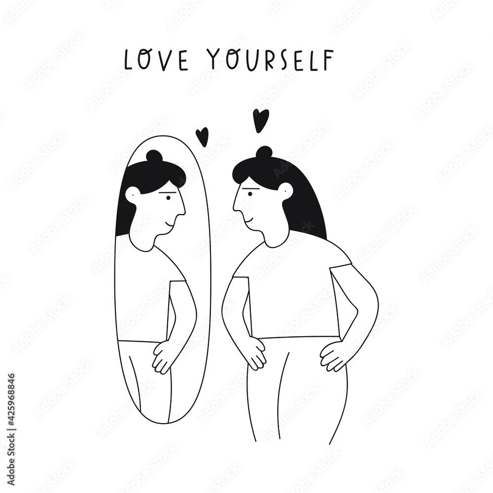 Female standing before mirror and smiling to herself. Love yourself. Outline vector illustration on white background. Female standing before mirror and smiling to herself. Love yourself. Outline vector illustration on white background.