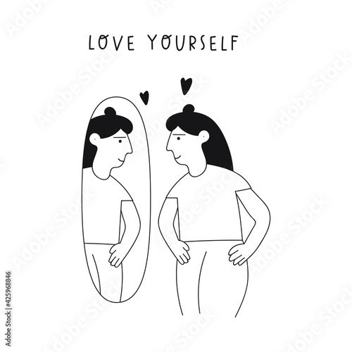Female standing before mirror and smiling to herself. Love yourself. Outline vector illustration on white background.