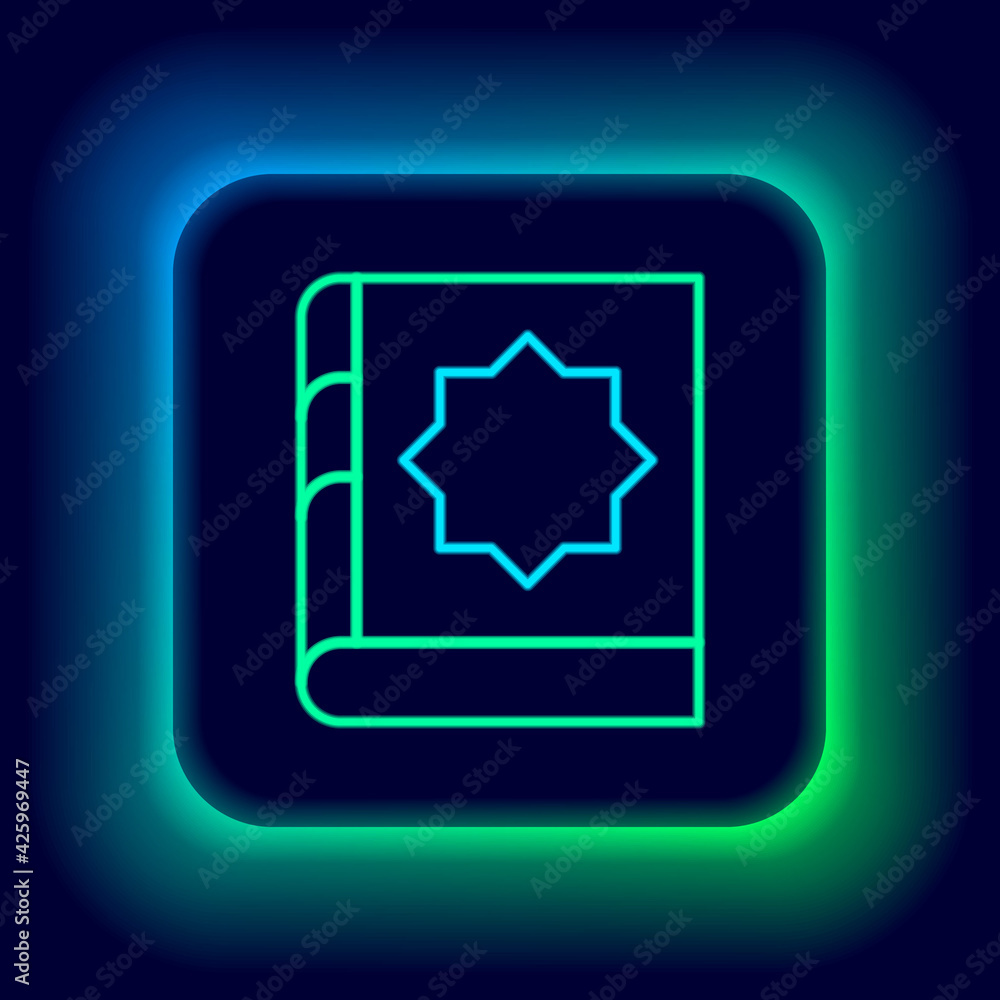 Glowing neon line Holy book of Koran icon isolated on black background. Muslim holiday, Eid Mubarak, Eid al-fitr, Ramadan Kareem. Colorful outline concept. Vector Glowing neon line Holy book of Koran icon isolated on black background. Muslim holiday, Eid Mubarak, Eid al-fitr, Ramadan Kareem. Colorful outline concept. Vector