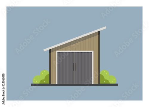 Small wooden shed building with sloping tin roof. Simple illustration.
