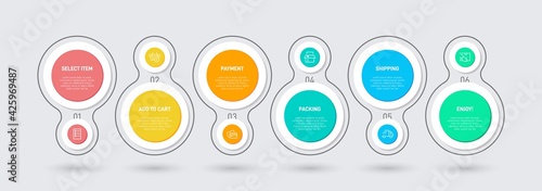 Concept of shopping process with 6 successive steps. Six colorful graphic elements. Timeline design for brochure, presentation, web site. Infographic design layout.