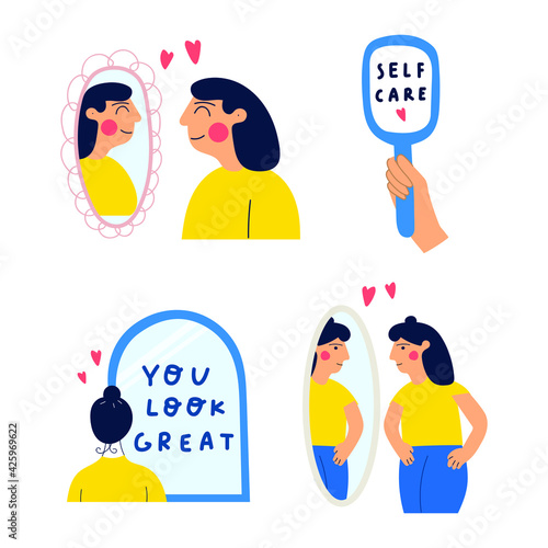 Set of vector illustrations. Females looking at mirror. Self love concept. 