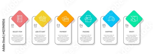 Concept of shopping process with 6 successive steps. Six colorful graphic elements. Timeline design for brochure, presentation, web site. Infographic design layout.
