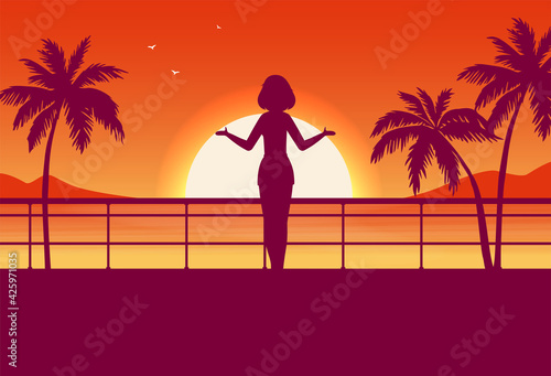 Flat vector banner with landscape. Background illustration