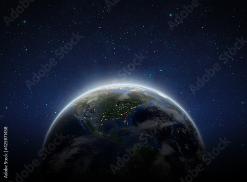 Earth on space. Blue Planet Earth view from outer space show North & South America, USA. World Global in Universe, Star field, Galaxy, Nebula. Earth 3D render -Elements of this image furnished by NASA
