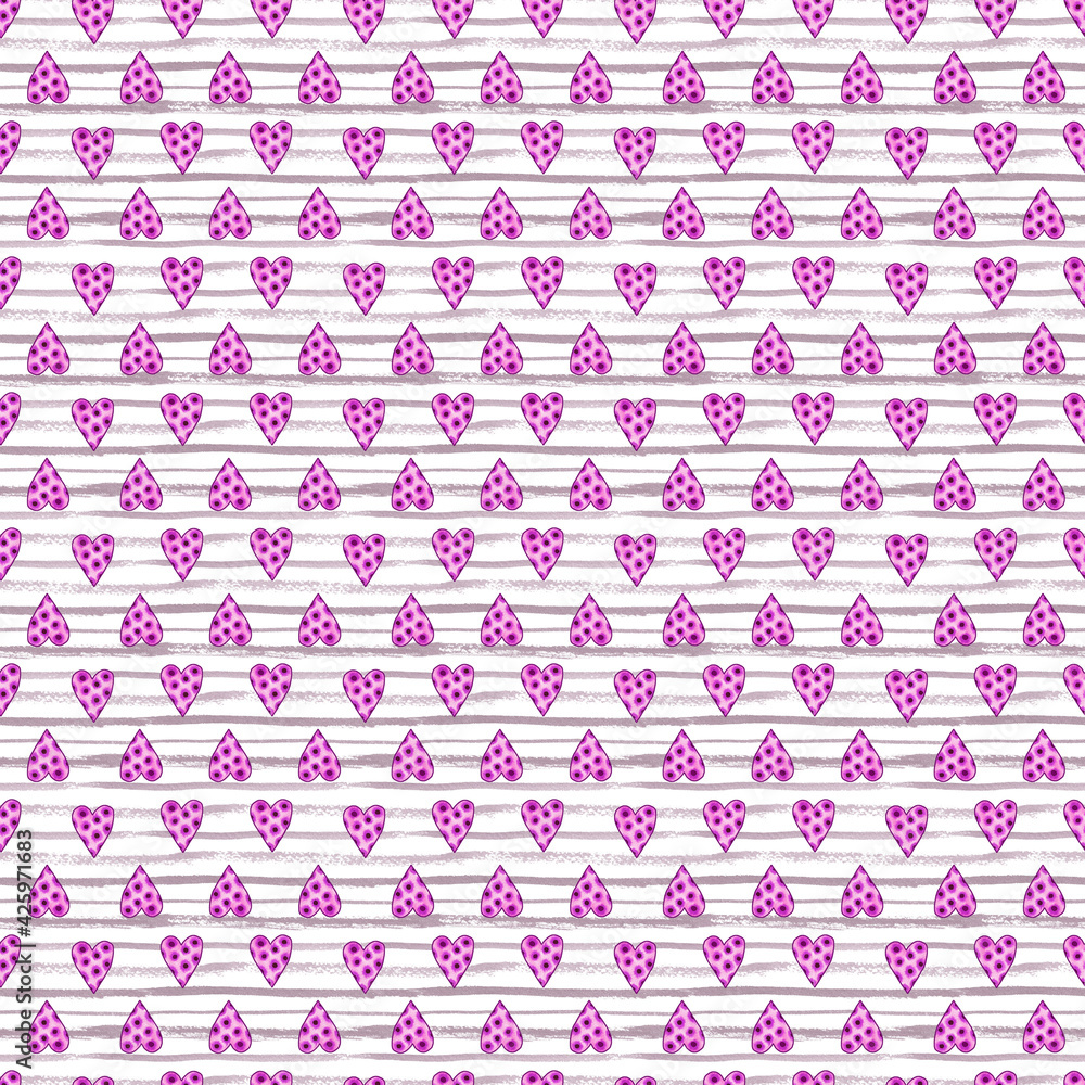 Seamless pattern with pink and purple hearts on stripped white and grey background. Romantic hand painted watercolor illustration. Valentines day wrapping paper, scrapbook page, textile designs. Seamless pattern with pink and purple hearts on stripped white and grey background. Romantic hand painted watercolor illustration. Valentines day wrapping paper, scrapbook page, textile designs.