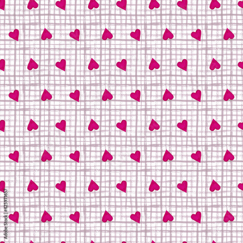 Seamless pattern with red little hearts on squared white and grey background. Romantic hand painted watercolor illustration. Valentines day wrapping paper, wallpaper, fabric, textile designs.
