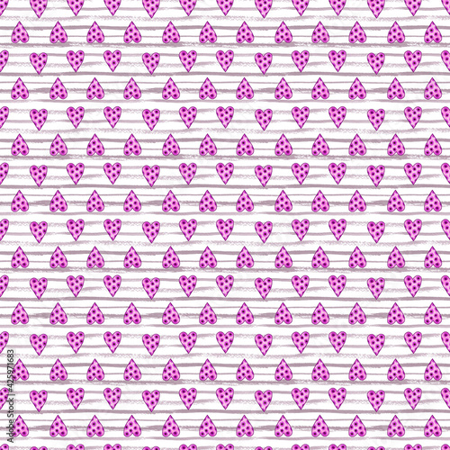 Seamless pattern with pink and purple hearts on stripped white and grey background. Romantic hand painted watercolor illustration. Valentines day wrapping paper, scrapbook page, textile designs.