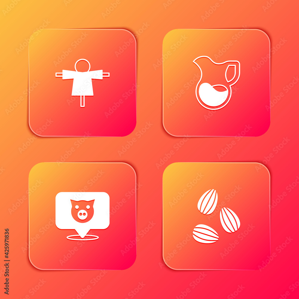 Set Scarecrow, Jug glass with milk, Pig and Seeds icon. Vector Set Scarecrow, Jug glass with milk, Pig and Seeds icon. Vector