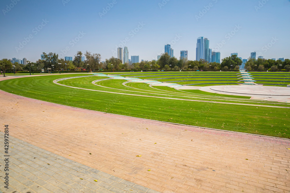 Dubai, UAE - March 04, 2021: Floral amphitheater in the park at Al Mamzar beach in Dubai Dubai, UAE - March 04, 2021: Floral amphitheater in the park at Al Mamzar beach in Dubai