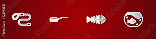 Set Retractable cord leash, Hair brush for dog and cat, Fish skeleton and Aquarium with fish icon. Vector