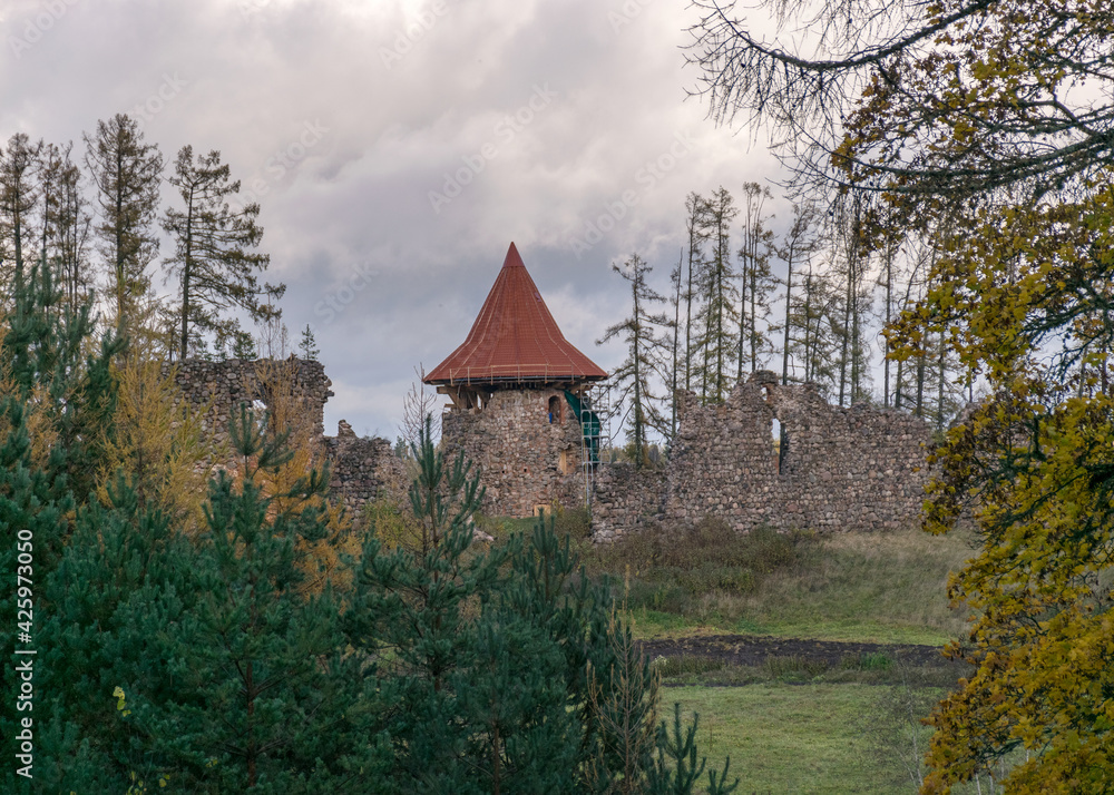 landscape with castle ruins, autumn day, Ergeme castle was built around 1320, the castle was a convent-type castle, with two large fortification towers, Ergeme castle ruins in autumn