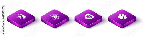 Set Isometric Aquarium with fish, No shit, Heart dog and Paw print icon. Vector