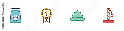 Set Bag of food for pet, Dog award symbol, Shit and Cat scratching post icon. Vector
