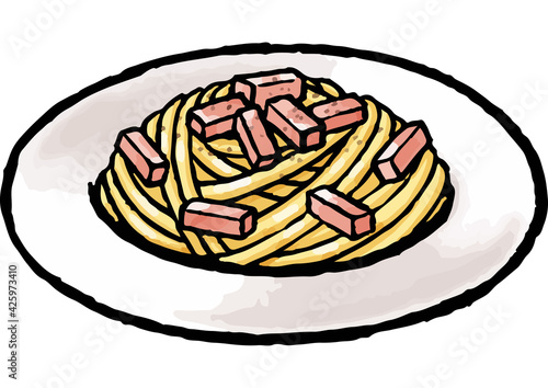 【手描きベクターイラスト素材】厚切りパンチェッタのカルボナーラのイラスト