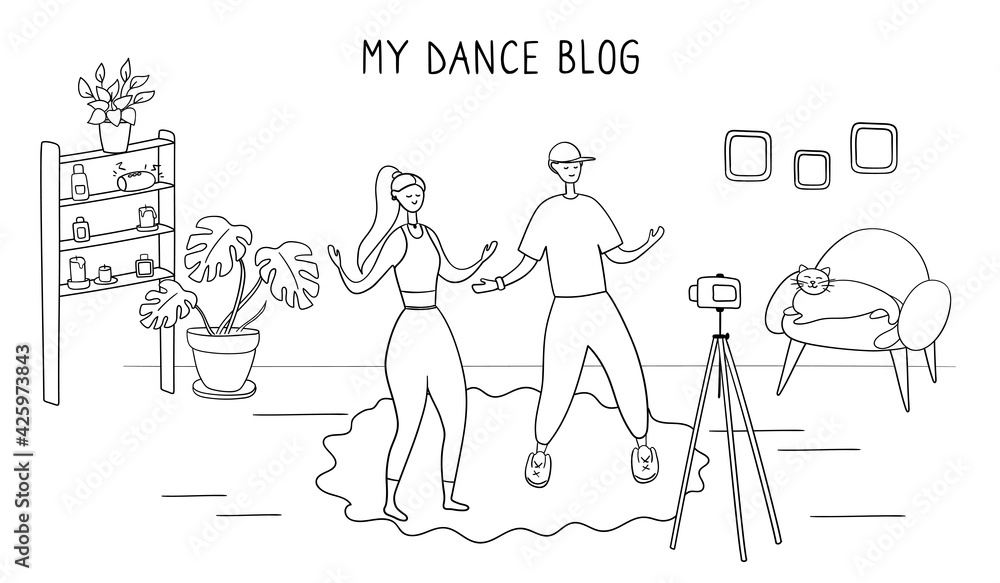 Dance stars are recording videos for their blog. Dance Challenge concept. Young man and woman learn moves with online classes and tutorials. Influencers write video blog for subscribers. Vector image Dance stars are recording videos for their blog. Dance Challenge concept. Young man and woman learn moves with online classes and tutorials. Influencers write video blog for subscribers. Vector image
