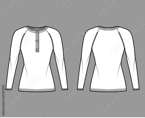Sweater henley neck technical fashion illustration with long raglan sleeves, slim fit, hip length, rib knit trim. Flat jumper garment apparel front, back, white color style. Women, men, unisex mockup