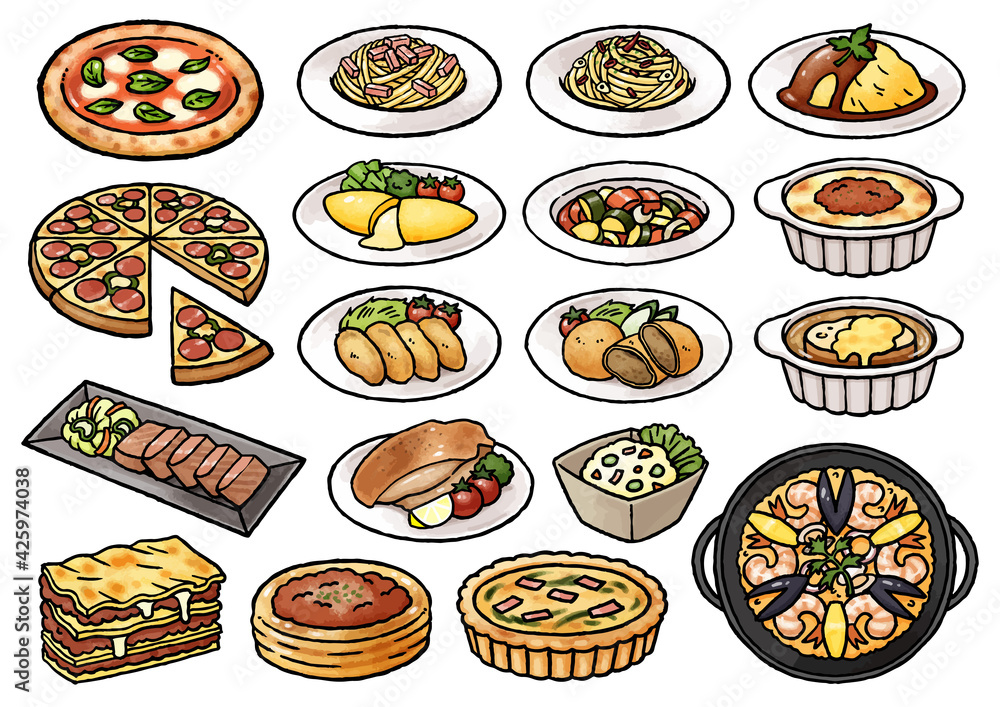 手描きベクターイラスト素材 いろいろな食べ物のイラスト 洋食中心 Stock Vektorgrafik Adobe Stock