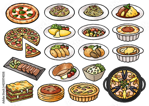 【手描きベクターイラスト素材】いろいろな食べ物のイラスト（洋食中心）