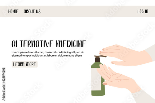 Homeopathy, naturopathy. Complementary, alternative, integrative, holistic medicine. Natural organic herb. Apothecary bottle. Vector flat cartoon illustration, landing page, banner design, web