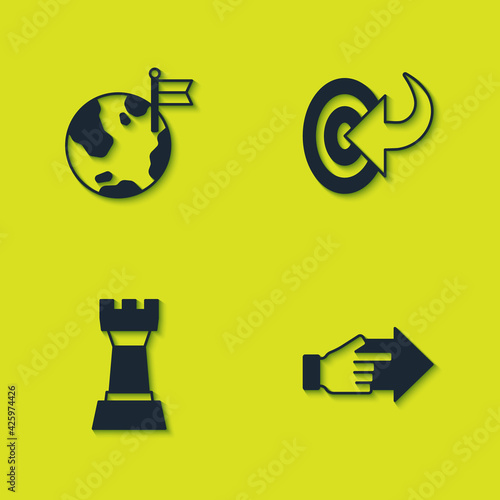 Set Planet with flag, Hand pointing finger, Chess and Target icon. Vector