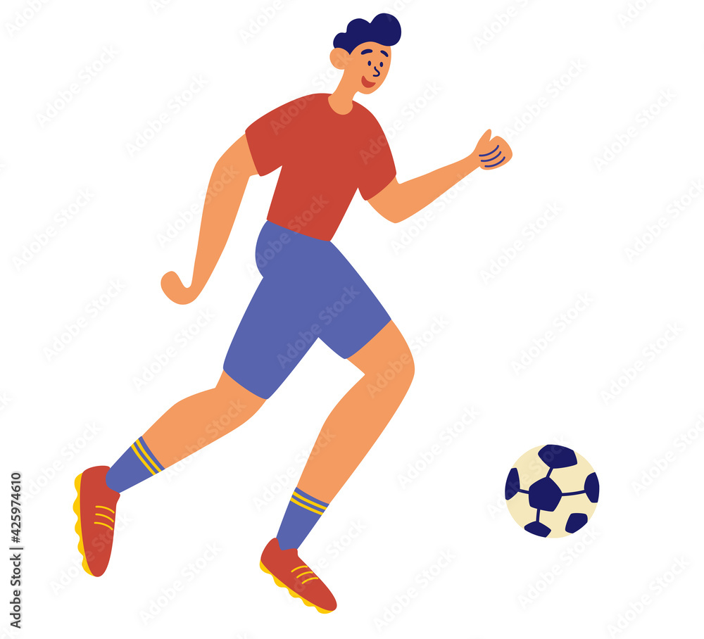 Soccer sportsman, man playing with ball. Happy male football player kicking the ball. Sport healthy life concept. Cartoon male soccer player vector graphic illustration.