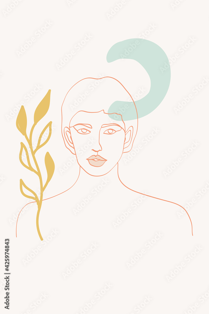 Peach and Blue Leaf Art Vector Background. Lady Profile Design. Nude Portrait Modern Poster. Contour Beauty Pattern. Peach and Blue Leaf Art Vector Background. Lady Profile Design. Nude Portrait Modern Poster. Contour Beauty Pattern.