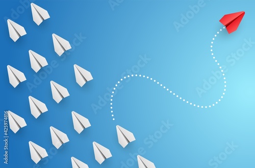 Individuality concept. Individual and unique leader red paper plane flies to the side. Vector