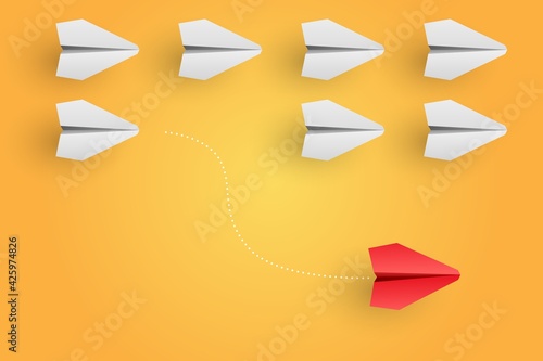Individuality concept. Individual and unique leader red paper plane flies to the side. Vector