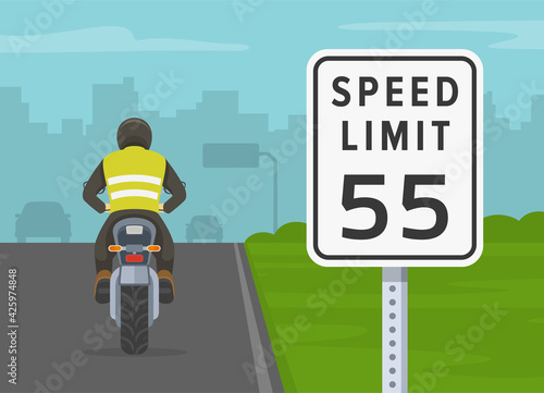 Modern sport motorcycle on a motorway, highway speed limit. Back view of a motorcycle rider. Flat vector illustration template.