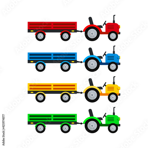 Tractor with open trailer farm vector set isolated on white background.