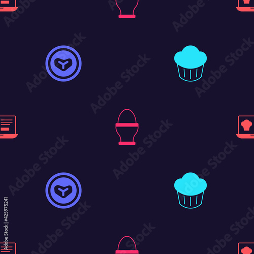 Set Cupcake  Steak meat on plate  Chicken egg stand and Online ordering delivery on seamless pattern. Vector