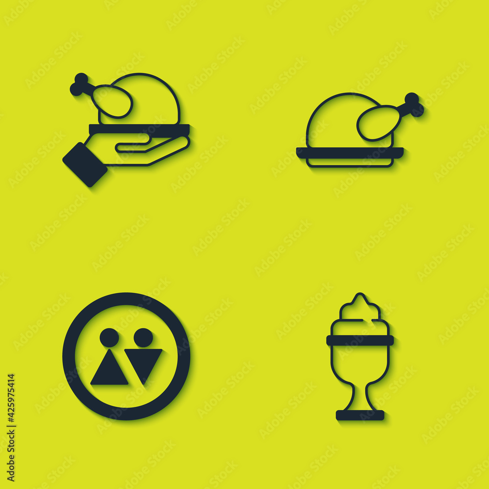 Set Roasted turkey or chicken, Ice cream in bowl, Toilet and icon. Vector Set Roasted turkey or chicken, Ice cream in bowl, Toilet and icon. Vector