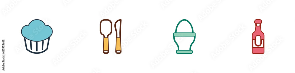 Set Cupcake, Knife and spoon, Chicken egg stand and Wine bottle icon. Vector Set Cupcake, Knife and spoon, Chicken egg stand and Wine bottle icon. Vector