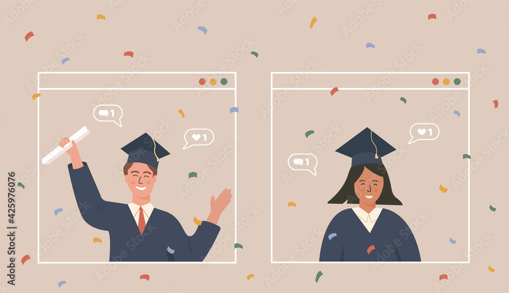 Obraz premium Students having online graduation party and video chat to celebrate ending of studies. Two woman in academic robe and cap having online discussion on computer app screen. Vector online education.