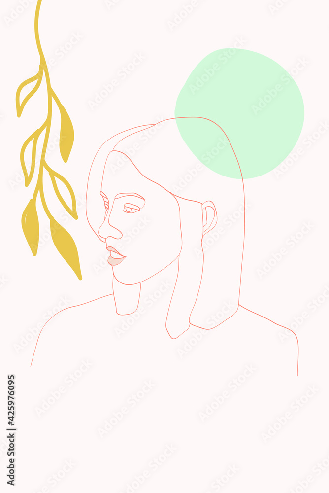 White and Pink Plant Minimalist Vector Background. Face Drawing Print. Peach and Blue Lady Model Cover. Silhouette Spa Design. White and Pink Plant Minimalist Vector Background. Face Drawing Print. Peach and Blue Lady Model Cover. Silhouette Spa Design.