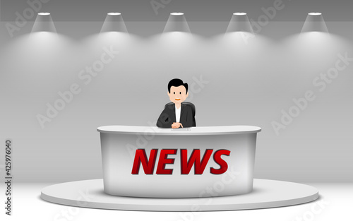 broadcaster at the white table in the the news studio room