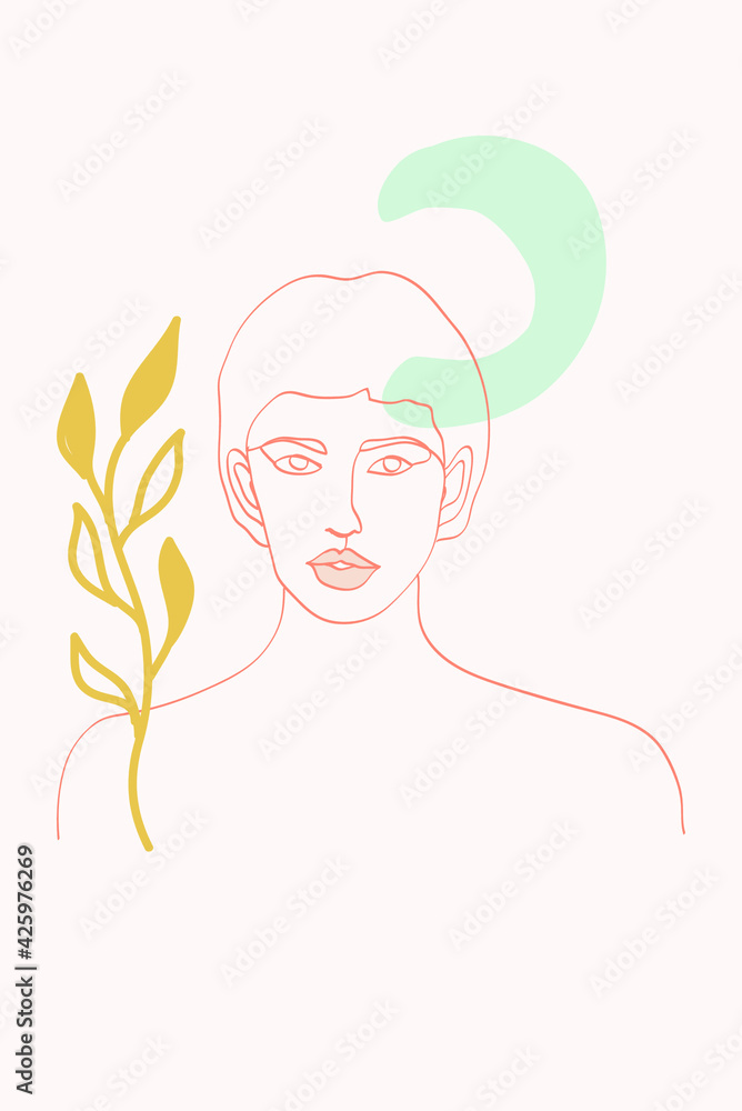 Peach and Blue Leaf Art Vector Background. Lady Profile Design. Nude Portrait Modern Poster. Contour Beauty Pattern. Peach and Blue Leaf Art Vector Background. Lady Profile Design. Nude Portrait Modern Poster. Contour Beauty Pattern.