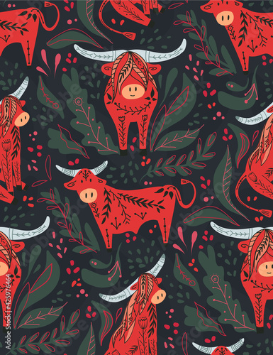 Seamless pattern with cute red cartoon bulls and bison with folk pattern on green background. Oriental symbol with floral pattern. Cattle with tribal ornaments. Flat texture for wallpaper, fabric